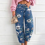 Women's Vintage Floral Printed Baggy Denim Pants Casual High Waisted Cropped Barrel Jeans