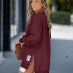 Letter Patch Detail Long Sleeve Drop Shoulder Pullover Sweatshirt Casual Zipper Side Slit Top