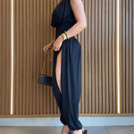 Padded Shoulders Sleeveless Cinched Waist Side High Slit Overalls Casual Hollow-out Back Ruched Jumpsuit
