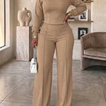 2 Pieces Outfit O-neck Long Sleeve Cinched Waist Sweatshirt and Elastic Waist Wide Leg Pants Set Casual Seam Design Sweatpants Set