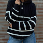 Women's Striped Henley Drawstring Hooded Sweater Loose Fit Lantern Sleeve Knit Pullover