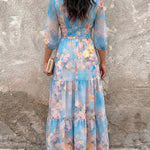 CHICME Women's Watercolor Floral V-Neck Shirred High Waist Maxi Dress Three Quarters Lantern Sleeve A-Line Ruffle Hem Chiffon Vacation Dress