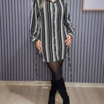 Women's Striped Shirt Dress Button Down Long Sleeve Shirred Waist Casual Dress