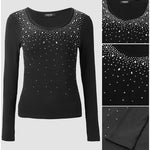 Women's Rhinestone Scoop Neck Long Sleeve Top Slim Fit Ribbed Knit Tee