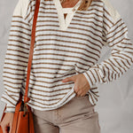 Women's Striped V Neck Colorblock Hooded Top Long Sleeve Casual Sweatshirt