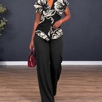 Women's 2 Piece Outfit Floral Print Twist Front V Neck Top and High Waist Wide Leg Pants Set
