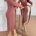 Cable Textured Overlap Deep V-Neck Long Sleeve Mid-Length Dress Tie Waist Slim Fit Knit Dress
