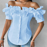 Ruffles Off Shoulder Short Sleeve Button Front Blouse Asymmetrical Hem Top