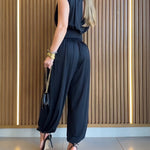 Padded Shoulders Sleeveless Cinched Waist Side High Slit Overalls Casual Hollow-out Back Ruched Jumpsuit