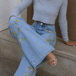 Women's High Waisted Floral Embroidered Wide Leg Jeans Washed Denim Pants