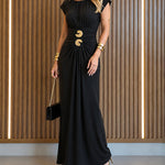 Women's Boat Neck Ruched Maxi Dress Gold Buckle Cap Sleeve Formal Evening Gown