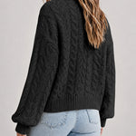 Women's Cable Knit Cardigan V Neck Button Down Chunky Knit Sweater Loose Lantern Sleeve Warm Outerwear