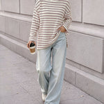 Women's Striped Textured Knit Long Sleeve T-Shirt Casual Side Slit Loose Fit Top