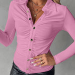 Long Sleeve Button Down Shirt Collar Neck Ruched Fitted Top