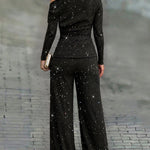 Women's Glitter Two Piece Outfit Skew Neck Long Sleeve Top and High Waist Wide Leg Pants Set