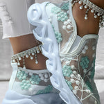 Floral Pattern Sheer Mesh Patch Round Toe Sneakers