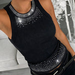 Rhinestone Decor O-neck Sleeveless Slim Fit Ribbed Tank Top