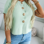 Women's Rib-Knit Short Sleeve Cardigan Gold Flower Button Round Neck Sweater Casual Top