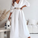 Deep V-Neck Ruched Three Quarters Sleeve Backless Overalls Casual Waist-Gathered Tied Detail Jumpsuit without Belt
