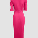 3D Flower Decor Round Neck Puff Sleeve Bodycon Dress Casual Ruched Slit Zipper Back Work Dress