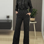 2 Pieces Outfit Stand Collar Button Front Ruffles Spliced Top and High Waist Straight Leg Pants Set Casual Polka Dot Print Commuting Set