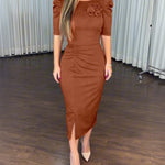3D Flower Decor Round Neck Puff Sleeve Bodycon Dress Casual Ruched Slit Zipper Back Work Dress