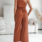 One Shoulder Sleeveless Ruched Cinched Waist Zipper Side Overalls Tied Detail Elastic Waist Wide Leg Jumpsuit