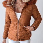 Zipper Pocket Design Shirred Fuzzy Trim Fleece Lined Hooded Puffer Jacket