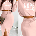 2 Pieces Outfit NOPE. not today Slogan Print Long Sleeve Stretchy Hem Crop Top and High Waist Drawstring Elastic Waist Slit Casual Skirt Set