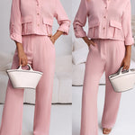 2 Pieces Outfit Turn-down Collar Turn-Up Sleeves Button Front Flap Pockets Design Top and Causal Zipper Fly Elastic Back Waist Wide Leg Pants Set