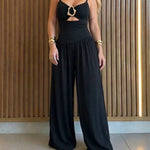 Women's Gold Ring Hollow Out Wide Leg Jumpsuit Backless Adjustable Strap Romper Elegant Party Jumpsuit