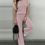 Women's 2 Piece Knit Set Lace Patchwork Short Sleeve Top and Wide Leg Pants Casual Ribbed Brushed Lounge Set