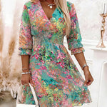 Women's Oil Painting Floral Chiffon Dress V Neck Three Quarters Sleeve Shirred High Waist Ruffle Hem A Line Dress