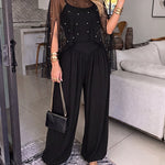 Women's 2-Piece Set Pearl Embellished Split Sleeve Chiffon Cape with Cami Lantern Jumpsuit
