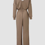 Off Shoulder V Back Elastic Waist Pockets Design Jumpsuit Casual Drop Shoulder Cinched Waist Wide Leg Jumpsuit