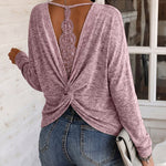 Women's Long Sleeve Knit Top Backless Twist Lace Panel Casual Tee