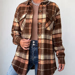 Women's Plaid Long Sleeve Button Down Brushed Shacket Casual Turn-down Collar Coat