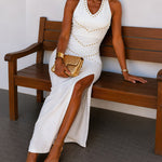 Women's Studded Halter Tie Backless V Neck High Slit Bodycon Dress