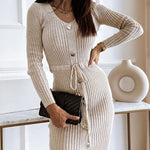 Button Decor V-Neck Long Sleeve Knit Bodycon Dress Drawstring Waist Ribbed Mini Dress