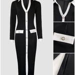 Pearls Button Decor Contrast Paneled Turn-down Collar Slit Front Dress Zipper Side Flap Detail Slim Fit Commuting Dress