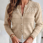 Women's Pearl Beaded Knit Cardigan Elegant Hollow Out Crop Sweater Casual Button Down Coat