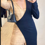 Colorblock Long Sleeve V Neck Faux Two Piece Jumpsuit Casual Wide Leg Romper