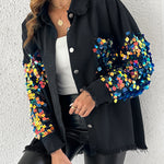 Contrast Sequin Long Sleeve Jacket Top Button Front Raw Hem Loose Fit Shacket