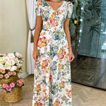 Floral Print V Neck Puff Sleeve Maxi Dress A-Line Flowy Casual Dress With Pockets