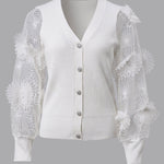 Women's Mesh Long Sleeve Cardigan Embroidered V Neck Knit Sweater Rhinestone Button Ribbed Slim Fit Casual Coat