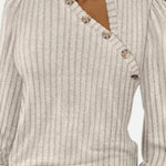 Button Decor Asymmetrical V-Neck Long Sleeve Ribbed Tee Casual Knit Brushed Top