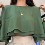 Round Neck Bell Sleeve Crop Top Casual Loose Fit Layered Blouse