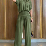 Women's Batwing Sleeve Jumpsuit High Waisted Ruched Wide Leg Overalls Elegant One Piece Outfit