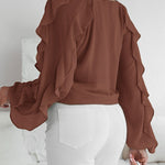 V Neck Shoulder Ruffles Design Blouse Casual Button Front Long Sleeve Top