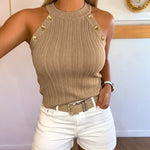 Women's Halter Neck Knit Tank Top Gold Button Cable Knit Vest Sleeveless Slim Fit Ribbed Top
